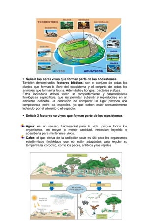  Señala los seres vivos que forman parte de los ecosistemas
También denominados factores bióticos: son el conjunto de todas las
plantas que forman la flora del ecosistema y el conjunto de todos los
animales que forman la fauna. Además hay hongos, bacterias y algas.
Estos individuos deben tener un comportamiento y características
fisiológicas específicos, que les permitan subsistir y reproducirse en un
ambiente definido. La condición de compartir un lugar provoca una
competencia entre las especies, ya que deben estar constantemente
luchando por el alimento o el espacio.
 Señala 2 factores no vivos que forman parte de los ecosistemas
Agua: es un recurso fundamental para la vida, porque todos los
organismos, en mayor o menor cantidad, necesitan ingerirla o
absorberla para mantenerse vivos.
Calor: el que deriva de la radiación solar es útil para los organismos
ectotérmicos (individuos que no están adaptados para regular su
temperatura corporal), como los peces, anfibios y los reptiles
 
