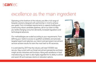 excellence as the main ingredient
Operating at the forefront of the industry, we offer a full range of
bespoke solutions designed with partnership in mind to achieve
your goals. From immediate requirements to capacity building and
constructing robust candidate pipelines, call on our team to help
you tackle changing consumer demands, increased regulations and
technological advances.
Our methodologies are scaled according to your requirements. From
defining your needs to access to qualified candidates and precisely
targeted search and selection, our interim and permanent recruitment
services achieve results for even the most hard-to-fill vacancies.
It is estimated by 2017 that the industry will need 137,000 new
recruits. Stay current with our broad recruitment perspective and keen
insight across industries and functions. Along with excellence in food
manufacturing, our team is also highly regarded for its ability to advise
and assist UK and overseas clients on relocation options.
 