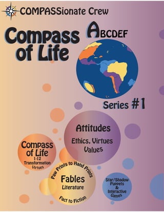 Series #1
A
COMPASSionate Crew
Values
Fact to Fiction
Paw
P
rints to Hand P
rints
Fables
Literature
Games
1-12
Transformation
Attitudes
Compass
of Life
Virtues
Star/Shadow
Puppets
&
Interactive
Compass
of Life
Compass
of Life
Ethics, Virtues
ABCDEF
Series #1
 