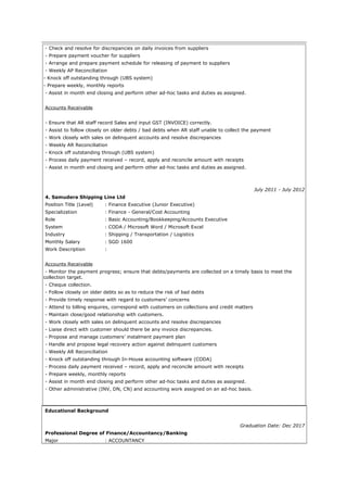 - Check and resolve for discrepancies on daily invoices from suppliers
- Prepare payment voucher for suppliers
- Arrange and prepare payment schedule for releasing of payment to suppliers
- Weekly AP Reconciliation
- Knock off outstanding through (UBS system)
- Prepare weekly, monthly reports
- Assist in month end closing and perform other ad-hoc tasks and duties as assigned.
Accounts Receivable
- Ensure that AR staff record Sales and input GST (INVOICE) correctly.
- Assist to follow closely on older debts / bad debts when AR staff unable to collect the payment
- Work closely with sales on delinquent accounts and resolve discrepancies
- Weekly AR Reconciliation
- Knock off outstanding through (UBS system)
- Process daily payment received – record, apply and reconcile amount with receipts
- Assist in month end closing and perform other ad-hoc tasks and duties as assigned.
July 2011 - July 2012
4. Samudera Shipping Line Ltd
Position Title (Level) : Finance Executive (Junior Executive)
Specialization : Finance - General/Cost Accounting
Role : Basic Accounting/Bookkeeping/Accounts Executive
System : CODA / Microsoft Word / Microsoft Excel
Industry : Shipping / Transportation / Logistics
Monthly Salary : SGD 1600
Work Description :
Accounts Receivable
- Monitor the payment progress; ensure that debts/payments are collected on a timely basis to meet the
collection target.
- Cheque collection.
- Follow closely on older debts so as to reduce the risk of bad debts
- Provide timely response with regard to customers’ concerns
- Attend to billing enquires, correspond with customers on collections and credit matters
- Maintain close/good relationship with customers.
- Work closely with sales on delinquent accounts and resolve discrepancies
- Liaise direct with customer should there be any invoice discrepancies.
- Propose and manage customers’ instalment payment plan
- Handle and propose legal recovery action against delinquent customers
- Weekly AR Reconciliation
- Knock off outstanding through In-House accounting software (CODA)
- Process daily payment received – record, apply and reconcile amount with receipts
- Prepare weekly, monthly reports
- Assist in month end closing and perform other ad-hoc tasks and duties as assigned.
- Other administrative (INV, DN, CN) and accounting work assigned on an ad-hoc basis.
Educational Background
Graduation Date: Dec 2017
Professional Degree of Finance/Accountancy/Banking
Major : ACCOUNTANCY
 