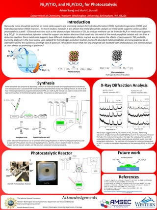 Rietveld Refinement
Rietveld refinement allows for the calculation of lattice parameters per pattern. Future research will observe how the
nickel content changes the lattice parameters of the nickel-ruthenium crystal.
Synthesis
Nickel phosphide was prepared by depositing a mixture of nickel (II) hyroxide and hypophosphorous acid directly
onto titania/zirconia. A consistent P/Ni molar ratio was prepared while varying the loading of 15 wt. % and 25 wt.%
Ni2P. Following temperature-programmed reduction (TPR), a 1 mol% O2/He mixture was used to create a thin oxide
layer on the surface of the Nickel phosphide particles. This process is called passivation.
+++
The National Science Foundation
Western Washington University Chemistry Department and Advanced Materials
Science and Engineering Center
Bussell Research Group
Acknowledgements
X-Ray Diffraction Analysis
Lower reduction temperatures can be achieved when using phosphorus in the form of hypophosphorous acid
as opposed to Phosphoric acid, because hypophosphorous acid has a lower oxidation state. As a result,
catalyst particle sizes are smaller, and the process is conducive to industry standards.
Phosphoric acid Hypophosphorous acid
Photocatalysis
Ni2P
Ni2P
CO2 + 4H2 CH4 + 2H2O
Future work
FeP
Electrocatalysis
Hydrogen Evolution Reaction
30 40 50 60 70
15 wt.% Ni2
P
Bragg Angle (2)
Ni2P Ref.
25 wt.% Ni2
P
Ni2
P/TiO2
P/Ni = 2
Reduction Temperature: 400C
TiO2
XRD analysis suggests that Ni2P is present on TiO2 and ZrO2. Performing
reductions at higher temperatures (500-600 °C) result in sharper peaks. However
the higher the reduction temperature the larger the catalyst particles, which is
undesirable due to the low surface area to volume ratio that results from high
temperature reductions. The next step is to increase the reduction temperature
to 500°C, in order to strengthen the evidence of the presence of Ni2P on ZrO2 and
TiO2.
30 40 50 60 70
25 wt.% Ni2
P
Bragg Angle (2)
Ni2P Ref.
15 wt.% Ni2
P
ZrO2
Ni2
P/ZrO2
P/Ni = 2.0
Reduction Temperature: 400C
Introduction
Nanoscale metal phosphide particles on metal oxide supports are promising catalysts for hydrodesulfurization (HDS), hydrodenitrogenation (HDN), and
hydrodeoxygenation (HDO) reactions. In recent studies, however, it was shown that metal phosphide catalysts on metal oxide supports can be used for
photocatalysis as well.1 Chemical reactions such as the photocatalytic reduction of CO2 to produce methane can be driven by Ni2P on metal oxide supports
(e.g. TiO2).1 In photocatalysis a photon strikes the support and excites electrons that travel into the metal of the metal phosphide catalyst and can drive a
reduction reaction. Since metal oxide supports have different photocatalytic effects, my task was to explore the effects of two supports: TiO2 and ZrO2.
Currently, platinum is the most widely used catalyst for the hydrogen-evolution reaction, but earth abundant metal phosphides are being explored as an
alternative due to the scarceness and high-cost of platinum. It has been shown that iron (III) phosphide can facilitate both photocatalysis and electrocatalysis
at rates almost as promising as platinum.4
5
Photocatalytic Reactor
Harrick Photocatalytic Reactor
References
1. Sastre, F., Puga, A., Liu, L., Corma, A., Garcia, H. J. Am. Chem. Soc. 2014, 136, 6798-6801.
2. Prins, R., Bussell, M. Catal Lett. 2012, 142: 1413-1436.
3. Munoz-Batista, M., Kubacka, A., Fernandez-Garcia, M. ACS Catal. 2014, 4, 4277-4288
4. Callejas, J., McEnaney, J., Read, G., Crompton, J., Biacchi, A., Popczun, E., Gordon, T.,
Lewis, N., Schaak, R. ACS Nano., 2014, 8:11, 11101-11107.
5. Christopher, P.; Xing, H.; Linic, S. Nature Chemistry 2011, 3, 467 - 491
6. P. Kamat Faculty Webpage,
http://www3.nd.edu/~kamatlab/research_lightEnergyConversion.html,
accessed 06/29/15.
TiO2
Incident photon
Ni2P/TiO2 and Ni2P/ZrO2 for Photocatalysis
Ashraf Faraj and Mark E. Bussell
Department of Chemistry, Western Washington University, Bellingham, WA 98225
6
Western Washington University Department of Geology
 