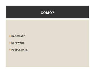 HARDWARE
SOFTWARE
PEOPLEWARE
COMO?
 