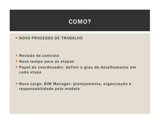 NOVO PROCESSO DE TRABALHO
Revisão de contrato
Novo tempo para as etapas
Papel do coordenador: definir o grau de detalhamento em
cada etapa
Novo cargo: BIM Manager: planejamento, organização e
responsabilidade pelo modelo
COMO?
 