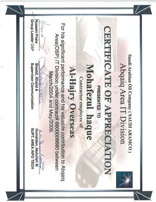 Work Appreciation certificate(ARAMCO)