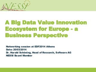 A Big Data Value Innovation
Ecosystem for Europe - a
Business Perspective
Networking session at EDF2014 Athens
Date: 20/03/2014
Dr. Harald Schöning, Head of Research, Software AG
NESSI Board Member
 