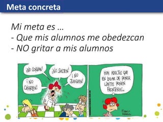 Mi meta es …
- Que mis alumnos me obedezcan
- NO gritar a mis alumnos
Meta concreta
 