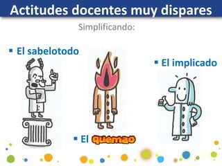 Actitudes docentes muy dispares
 El sabelotodo
Simplificando:
 El
 El implicado
 