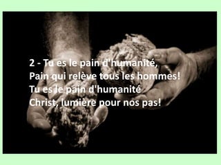 2 - Tu es le pain d'humanité,
Pain qui relève tous les hommes!
Tu es le pain d'humanité
Christ, lumière pour nos pas!
 