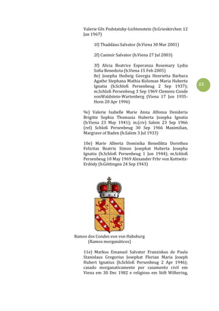 23
Valerie Gfn Podstatzky-Lichtenstein (b.Grieskirchen 12
Jan 1967)
1f) Thaddäus Salvator (b.Viena 30 Mar 2001)
2f) Casimir Salvator (b.Viena 27 Jul 2003)
3f) Alicia Beatrice Esperanza Rosemary Lydia
Sofia Benedicta (b.Viena 15 Feb 2005)
8e) Josepha Hedwig Georgia Henrietta Barbara
Agathe Stephana Mathia Koloman Maria Huberta
Ignatia (b.Schloß Persenbeug 2 Sep 1937);
m.Schloß Persenbeug 3 Sep 1969 Clemens Conde
vonWaldstein-Wartenberg (Viena 17 Jun 1935-
Horn 20 Apr 1996)
9e) Valerie Isabelle Marie Anna Alfonsa Desideria
Brigitte Sophia Thomasia Huberta Josepha Ignatia
(b.Viena 23 May 1941); m.(civ) Salem 23 Sep 1966
(rel) Schloß Persenbeug 30 Sep 1966 Maximilian,
Margrave of Baden (b.Salem 3 Jul 1933)
10e) Marie Alberta Dominika Benedikta Dorothea
Felicitas Beatrix Simon Josephat Huberta Josepha
Ignatia (b.Schloß Persenbeug 1 Jun 1944); m.Schloß
Persenbeug 10 May 1969 Alexander Frhr von Kottwitz-
Erdödy (b.Göttingen 24 Sep 1943)
Ramos dos Condes von von Habsburg
(Ramos morganáticos)
11e) Markus Emanuel Salvator Franziskus de Paula
Stanislaus Gregorius Josephat Florian Maria Joseph
Hubert Ignatius (b.Schloß Persenbeug 2 Apr 1946);
casado morganaticamente por casamento civil em
Viena em 30 Dec 1982 e religioso em Stift Wilhering,
 