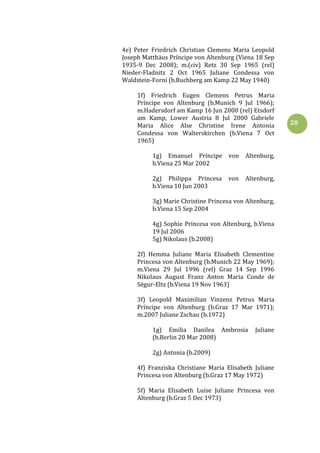 28
4e) Peter Friedrich Christian Clemens Maria Leopold
Joseph Matthäus Príncipe von Altenburg (Viena 18 Sep
1935-9 Dec 2008); m.(civ) Retz 30 Sep 1965 (rel)
Nieder-Fladnitz 2 Oct 1965 Juliane Condessa von
Waldstein-Forni (b.Buchberg am Kamp 22 May 1940)
1f) Friedrich Eugen Clemens Petrus Maria
Príncipe von Altenburg (b.Munich 9 Jul 1966);
m.Hadersdorf am Kamp 16 Jun 2000 (rel) Etsdorf
am Kamp, Lower Austria 8 Jul 2000 Gabriele
Maria Alice Alse Christine Irene Antonia
Condessa von Walterskirchen (b.Viena 7 Oct
1965)
1g) Emanuel Príncipe von Altenburg,
b.Viena 25 Mar 2002
2g) Philippa Princesa von Altenburg,
b.Viena 10 Jun 2003
3g) Marie Christine Princesa von Altenburg,
b.Viena 15 Sep 2004
4g) Sophie Princesa von Altenburg, b.Viena
19 Jul 2006
5g) Nikolaus (b.2008)
2f) Hemma Juliane Maria Elisabeth Clementine
Princesa von Altenburg (b.Munich 22 May 1969);
m.Viena 29 Jul 1996 (rel) Graz 14 Sep 1996
Nikolaus August Franz Anton Maria Conde de
Ségur-Eltz (b.Viena 19 Nov 1963)
3f) Leopold Maximilian Vinzenz Petrus Maria
Príncipe von Altenburg (b.Graz 17 Mar 1971);
m.2007 Juliane Zschau (b.1972)
1g) Emilia Danilea Ambrosia Juliane
(b.Berlin 20 Mar 2008)
2g) Antonia (b.2009)
4f) Franziska Christiane Maria Elisabeth Juliane
Princesa von Altenburg (b.Graz 17 May 1972)
5f) Maria Elisabeth Luise Juliane Princesa von
Altenburg (b.Graz 5 Dec 1973)
 