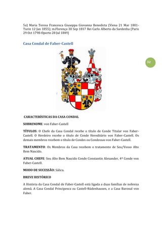 32
5a) Maria Teresa Francesca Giuseppa Giovanna Benedicta (Viena 21 Mar 1801-
Turin 12 Jan 1855); m.Florença 30 Sep 1817 Rei Carlo Alberto da Sardenha (Paris
29 Oct 1798-Oporto 28 Jul 1849)
Casa Condal de Faber-Castell
CARACTERÍSTICAS DA CASA CONDAL
SOBRENOME: von Faber-Castell
TÍTULOS: O Chefe da Casa Condal recebe o título de Conde Titular von Faber-
Castell. O Herdeiro recebe o título de Conde Hereditário von Faber-Castell. Os
demais membros recebem o título de Condes ou Condessas von Faber-Castell.
TRATAMENTO: Os Membros da Casa recebem o tratamento de Seu/Vosso Alto
Bem Nascido.
ATUAL CHEFE: Seu Alto Bem Nascido Conde Constantin Alexander, 4º Conde von
Faber-Castell.
MODO DE SUCESSÃO: Sálica.
BREVE HISTÓRICO
A História da Casa Condal de Faber-Castell está ligada a duas famílias de nobreza
alemã. A Casa Condal Principesca zu Castell-Rüdenhausen, e a Casa Baronal von
Faber.
 