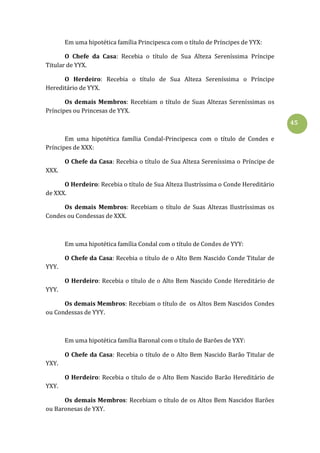 45
Em uma hipotética família Principesca com o título de Príncipes de YYX:
O Chefe da Casa: Recebia o título de Sua Alteza Sereníssima Príncipe
Titular de YYX.
O Herdeiro: Recebia o título de Sua Alteza Sereníssima o Príncipe
Hereditário de YYX.
Os demais Membros: Recebiam o título de Suas Altezas Sereníssimas os
Príncipes ou Princesas de YYX.
Em uma hipotética família Condal-Principesca com o título de Condes e
Príncipes de XXX:
O Chefe da Casa: Recebia o título de Sua Alteza Sereníssima o Príncipe de
XXX.
O Herdeiro: Recebia o título de Sua Alteza Ilustríssima o Conde Hereditário
de XXX.
Os demais Membros: Recebiam o título de Suas Altezas Ilustríssimas os
Condes ou Condessas de XXX.
Em uma hipotética família Condal com o título de Condes de YYY:
O Chefe da Casa: Recebia o título de o Alto Bem Nascido Conde Titular de
YYY.
O Herdeiro: Recebia o título de o Alto Bem Nascido Conde Hereditário de
YYY.
Os demais Membros: Recebiam o título de os Altos Bem Nascidos Condes
ou Condessas de YYY.
Em uma hipotética família Baronal com o título de Barões de YXY:
O Chefe da Casa: Recebia o título de o Alto Bem Nascido Barão Titular de
YXY.
O Herdeiro: Recebia o título de o Alto Bem Nascido Barão Hereditário de
YXY.
Os demais Membros: Recebiam o título de os Altos Bem Nascidos Barões
ou Baronesas de YXY.
 