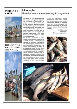 PEROLA DO   Informação:
CAETE       Um olhar sobre a pesca na região bragantina

             No estado do Pará, a pesca artesa-     rarmos com expressão a “pesca
             nal assume uma grande importân-        sustentável", uma infeliz junção
             cia no papel socioeconômico de         dos termos crescimento e susten-
             pequenas comunidades ribeirinhas       tabilidade. O que não se explica é
             e rural. Muitas de nossas comunida-    como um crescimento pode ser
             des dependem quase e exclusiva-        continuo se depende de recursos
             mente da pesca ou agricultura. Nota    físicos e naturais finitos” (Amália
             -se que alguns têm a pesca como        Safatle).
             meio secundário de vida, isso se                         Yuri Silva Costa
             formos olhar para as regiões dos                               Catequista,
             campos bragantinos e por outro                    Técnico em aquicultura.
             lado a pesca sai como meio primá-
             rio de subsistência.
             No tocante a economia , a pesca
             ocupa grande espaço. Atualmente,
             o estado do Pará é o maior produtor
             nacional de pescado. As estatísti-
             cas mais recentes, aqui se aponta
BRAGANÇA     ao ano de 2003, indicam que res-
             ponde isoladamente por 63% da
RUMO AOS     produção da região norte e 15,5%
400 ANOS.    da produção nacional (IBAMA2004).
             Como toda atividade de extração, a
             pesca contribui bastante com os
             estoques naturais de pescado. Nes-
             se contexto, essas práticas devem
             ser combatidas de forma incisiva
             para que se possa atingir um ponto
             de equilíbrio. “Não é raro nos depa-
 