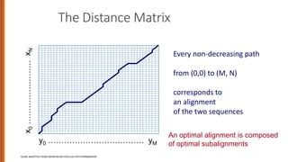 The Distance Matrix
SLIDE ADAPTED FROM SERAFIM BATZOGLOU WITH PERMISSION
y0 ……………………………… yM
x
0
……………………
x
N
Every non-decreasing path
from (0,0) to (M, N)
corresponds to
an alignment
of the two sequences
An optimal alignment is composed
of optimal subalignments
 