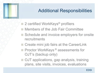 Additional Responsibilities

 2 certified WorkKeys® profilers
 Members of the Job Fair Committee
 Schedule and invoice employers for onsite
  recruitments
 Create mini job fairs at the CareerLink
 Proctor WorkKeys ® assessments for
  OJT’s (backup only)
 OJT applications, gap analysis, training
  plans, site visits, invoices, evaluations
 