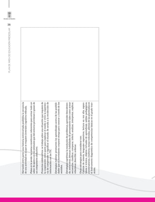 26
PLANDEÁREADEEDUCACIÓNPRESCOLAR
Narraciónentrepares:unahistoriaentrecortadaposibilitalasecuencia
deunaactividadenlaqueserequiereinversióncognitivarefinada.
Pistasenlasenda:laspistasconstituyenreferentesparaarmartodoun
saber.Seapoyaconlosestímulosquedelentornoprovienenygozande
uncomponenteabductivo.
Proyectoscolaborativos:setrabajasobreunasituaciónquerequierede
lacooperaciónentreparesparaexplorarelmedioyvivirlaexperien-
ciadecomprenderysignificarelmundo.Seayudaalarecolecciónde
informaciónconlasTIC.
Estrategiasmotoras:promuevenlosaprendizajesacercadelasposibili-
dadesqueelmovimientocorporalotorgaparaconoceratravésdelos
sentidos.
Estrategiascognitivas:laresolucióndeproblemas,aprenderdescubrien-
do,entreotras,detonanhabilidadesdepensamientotalescomo:armar
secuencias,clasificar,comparar,inferir,analizar,interpretar,explicar,
relacionar,describir,ordenar.
Otrasestrategiasparaconsiderarson:
Centrosdeinterés,lenguajesexpresivos,lecturaenvozalta,espon-
táneaeicónica,objetosvirtualesdeaprendizaje,salidaspedagógicas,
conversatorios,cineforos,mesasredondas,ademásdelasplanteadasen
elInstrumentodiagnósticodecompetenciasbásicasenelgradotran-
sición.
 