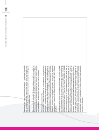 28
PLANDEÁREADEEDUCACIÓNPRESCOLAR
Después:elartecomoconstelacióndesaberesyemociones.Entendido
así,permitirádesarrollarexperienciasquelosniñoshanlogradoatra-
vésdeuntrabajocolaborativoycooperativo,endondeloslenguajes
expresivossonesenciales.
Laevaluaciónyvaloracióndelosaprendizajesserátransversalalos
tresmomentos,puescadaactividadensímismaencarnaaprendizajes
logradosapartirdeldisfruteylaalegríaquealternanconlashabilida-
des,lossaberesylasdestrezas,ysearmonizanconlacuriosidad.
Técnicasyformasdeenseñar
Lastécnicasyformasdeenseñardelosmaestrosdelnivelpreescolar
sellevanacabomedianteelusoderecursosymétodosdeenseñanza
flexiblequerespondanaldesarrolloinfantilyaladiversidaddelosni-
ñosylasniñas.Acontinuaciónsedescribenalgunasdeestas,lascuales
guardancoherenciaconlosprincipiosdelasinstituciones,laeducación
inclusiva,laPolíticaeducativaparalaprimerainfanciaylosreferentes
decalidaddelMinisteriodeEducaciónNacional(MEN,2009,Diaposi-
tivaN.6).
Ambientesestructurados:unambienteestructuradoeselqueelmaes-
troconfiguraapartirdeuneventointeresanteparalosniñosylasni-
ñas,relacionadoconactividadesdebarrio,ciudad,familiayescuela.El
maestrorecreataleventoapartirdeunanoticia,unvideo,uncuento
ohistoria,unanarración,unorganizadorgráfico,entreotros,queles
genereinterésdesdelaspreguntasolasmanerasdepresentarunasi-
tuaciónespecífica.Deallíquetengaencuentalossaberespreviospara
orientarlasactividadesquedanpasoaldescubrimientoyalgocede
aprender,superandoaprendizajesimpuestosyposibilitandoalniñoy
laniñalaobservación,laorientación,laexploraciónyeldespertarde
sucuriosidad.Paraeldesarrollodelosambientesestructuradosesne-
cesarioqueelmaestroconozcasussaberespreviosyobservesistemá-
ticamentealniñoylaniñaensusaccionescotidianasfrentealosretos
queestoslesplantean.
 
