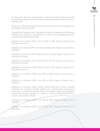 37
PLANDEÁREADEEDUCACIÓNPRESCOLAR
de Educación Nacional. Recuperado de http://www.deceroasiempre.gov.co/
QuienesSomos/Documents/Fundamientospoliticos-tecnicos-gestion-de-cero-
a-siempre.pdf
Puche, N. R. (2000). Formación de herramientas científicas en el niño pequeño. (2a
ed.). Bogotá: Arango Editores.
República de Colombia (1991). Constitución Política de Colombia de 1991. Bogotá:
República de Colombia. Recuperado de http://www.alcaldiabogota.gov.co/
sisjur/normas/Norma1.jsp?i=4125.
República de Colombia (1994). Decreto 1860 de 1994. Bogotá: Ministerio de
Educación Nacional.
República de Colombia (1994). Ley General de Educación. Bogotá: Congreso de la
República.
República de Colombia (1996). Resolución 2343 de 1996. Bogotá: Ministerio de
Educación Nacional.
República de Colombia (1997). Decreto 2247 de 1997. Bogotá: Ministerio de
Educación Nacional.
República de Colombia (1998). Decreto 1122 de 1998. Bogotá: Ministerio de
Educación Nacional.
República de Colombia (2006). Ley 1014 de 2006. Bogotá: Congreso de la
República.
República de Colombia (2006). Ley 1098 de 2006. Bogotá: Congreso de la
República.
República de Colombia (2007). Política Pública Nacional de Primera Infancia
“Colombia por la primera infancia”. Bogotá, D.C.: Departamento Nacional de
Planeación - Consejo Nacional de Política Económica y Social. Recuperado de
http://www.mineducacion.gov.co/ primera infancia/1739/articles-177832_
archivo_pdf_Conpes_109.pdf
República de Colombia (2009). Ley 1295 de 2009. Bogotá: Congreso de la
República.
República de Colombia (2013). Ley 1620 de 2013. Bogotá: Congreso de la
República.
 