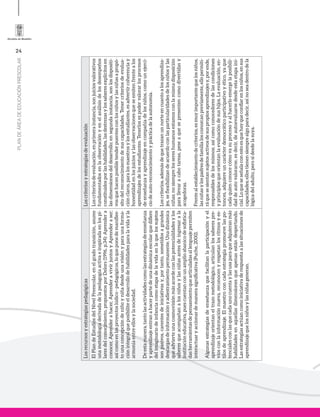 24
PLANDEÁREADEEDUCACIÓNPRESCOLAR
LosrecursosyestrategiaspedagógicasLoscriteriosyestrategiasdeevaluación
ElPlandeEstudiosdelNivelPreescolar,enelgradotransición,asume
unametodologíaderivadadelapedagogíaactivaeinspiradaenlospi-
laresdelconocimiento,propuestosporDelors(1996,p.34):Aprendera
conocer,Aprenderahacer,AprenderavivirjuntosyAprenderaser;
asícomoenlosproyectoslúdico-pedagógicos,loqueponedemanifies-
tounaconcepcióndeniñoyniñadesdeunavisiónyparaunaforma-
ciónintegralqueposibiliteeldesarrollodehabilidadesparalavidayla
armoníaentreellosylasociedad.
Deestamanera,tantolasactividadescomolasestrategiasdeenseñanza
yaprendizajeentranahacerpartedeunadinámicaescolarquedifiere
delimaginariodeinfanciacomoetapadelavidaenlaquelossujetos
sonpasivos,carentesdeiniciativasy,portanto,sometidosagrandes
descargasdeinformaciónyadiestramientopermanente.Unadinámica
queadvierteunacosmovisiónmásacordeconlaspotencialidadesylos
saberesqueacompañanalosniñosylasniñasantesdeingresarala
institucióneducativa,puescuentanconunamplioabanicodesofistica-
dasherramientasdepensamientoquearticuladasallenguajepermiten
interactuaryaccionardemanerasignificativa(Puche,2000).
Algunasestrategiasdeenseñanzaquefacilitanlaparticipaciónyel
aprendizajeorientaneltrazometodológico,articulanlossaberespre-
viosconlainformaciónnueva,reconocenyrespetanlosritmosyes-
tilosdeaprendizaje.Elmaestroconcadaestrategiapromuevelaspo-
tencialesconlasquecadaunocuentaylasusaparaqueadquieranmás
habilidadesenaquellasdimensionesqueapenasestándespertando.
Lasestrategiasactúancomoiniciativaderespuestaalassituacionesde
aprendizajequelosniñosylasniñasgeneran.
Loscriteriosdeevaluación,enprimerainstancia,sonjuiciosvalorativos
fundamentadosenlaobservaciónyenelanálisisdelosdesempeños
constituidosporlashabilidades,lasdestrezasylossaberesexplícitosen
lasdimensionesdeldesarrollo;ensegundainstancia,sonlosdispositi-
vosquehacenposibletenderpuentesconlosniñosylasniñasapropó-
sitodelreconocimientodesuscapacidades.Tenercriteriosdeevalua-
ciónclaros,paralosmaestrosylosestudiantes,esadvertircoherenciay
honestidadenlosjuiciosylasobservacionesqueseemitenfrentealos
aprendizajesdelosestudiantes.Tenerlosespodervalorarlosprocesos
deenseñanzayaprendizajeencompañíadelosniños,comounejerci-
ciodeauto-reconocimientoyprácticadelaautonomía.
Loscriterios,ademásdequetrazanunnorteencuantoalosaprendiza-
jes,seflexibilizandeacuerdoconlasparticularidadesdelosniñosylas
niñas;nosiemprelossereshumanosestamosconlamismadisposición
parallevaracabotareas,peseaquesepresentencomodivertidasy
acogedoras.
Frentealestablecimientodecriterios,esmuyimportantequelosniños,
lasniñasylospadresdefamilialosconozcanpreviamente,ellopermiti-
ráquesesientansujetosactivosdesuspropiosaprendizajesy,porende,
responsablesdelosmismos;asícomoconocedoresdelascondiciones
yprincipiosqueorientanlaevaluacióndesushijos.Laevaluación,en-
tonces,adquiereuncarácterdemocráticoparticipativoyético,yaque
cadaquienconocecómovasuprocesoyalhacerloemergelaposibili-
daddeautovalorarse,esdecir,deautoevaluarsedesdeestaetapaini-
cial.Loqueseseñalaconestoesquehayqueconfiarenlosniños,ensus
capacidades;ellostienensiemprealgoparadecir,asínoseadentrodela
lógicadeladulto,perosídesdelasuya.
 