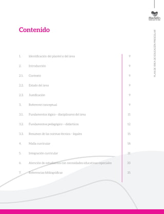 PLANDEÁREADEEDUCACIÓNPRESCOLAR
Contenido
1. 	 Identificación del plantel y del área		 9
2. 	 Introducción		 9
2.1. 	 Contexto		 9
2.2. 	 Estado del área		 9
2.3. 	 Justificación		 9
3. 	 Referente conceptual		 9
3.1. 	 Fundamentos lógico - disciplinares del área		 11
3.2. 	 Fundamentos pedagógico – didácticos		 12
3.3. 	 Resumen de las normas técnico - legales		 15
4. 	 Malla curricular		 18
5. 	 Integración curricular		 31
6. 	 Atención de estudiantes con necesidades educativas especiales	 33
7. 	 Referencias bibliográficas		 35
 