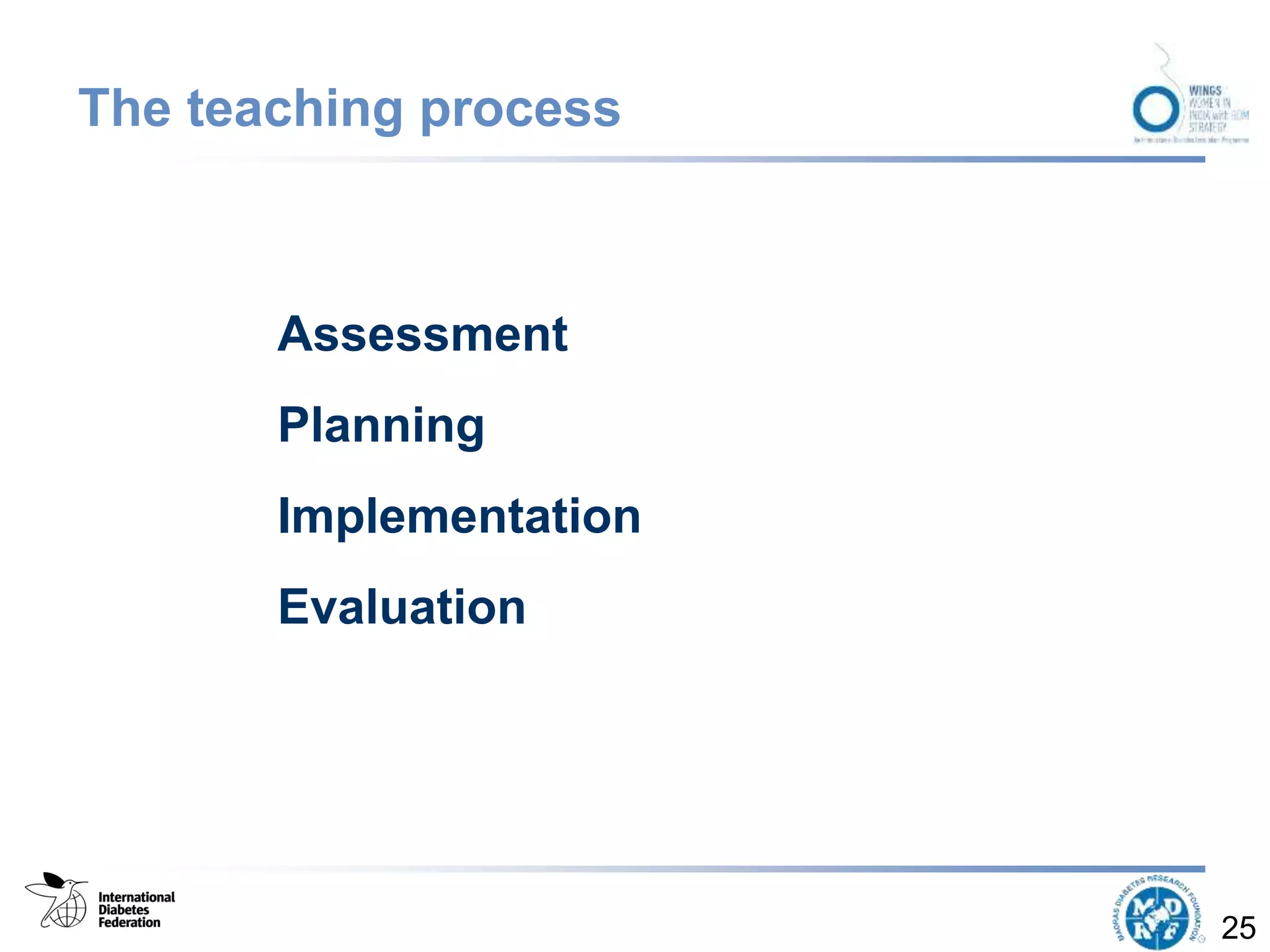 The teaching process
Assessment
Planning
Implementation
Evaluation
25
 