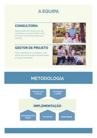 A EQUIPA
METODOLOGIA
Equipa sénior com largos anos de
experiência nas áreas de RH e com
know-how de diversas indústrias e
serviços.
Após a definição da abordagem, cada
cliente tem um acompanhamento direto
por gestor de projeto.
CONSULTORIA
GESTOR DE PROJETO
Acompanhamento
Projeto
Resultados Feed-Back
IMPLEMENTAÇÃO
Abordagem
a adotar
Reunião com
o Cliente
 