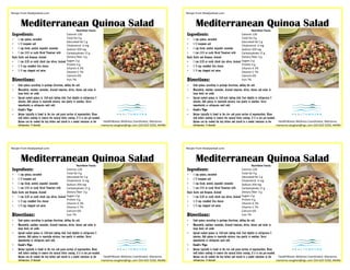 Mediterranean Quinoa Salad
Ingredients:
• 1 cup quinoa, uncooked
• 1/2 teaspoon salt
• 1 cup diced, seeded, unpeeled cucumber
• 1 can (14.5 oz each) Diced Tomatoes with
Basil, Garlic and Oregano, drained
• 1 can (2.25 oz each) sliced ripe olives, drained
• 1/3 cup crumbled feta cheese
• 1/4 cup chopped red onion
Directions:
• Cook quinoa according to package directions, adding the salt.
• Meanwhile, combine cucumber, drained tomatoes, olives, cheese and onion in
large bowl; set aside.
• Spread cooked quinoa in 13x9-inch baking dish. Cool slightly in refrigerator 5
minutes. Add quinoa to vegetable mixture; toss gently to combine. Serve
immediately or refrigerate until cold.
• Cook's Tips
• Quinoa typically is found in the rice and pasta section of supermarkets. Rinse
well before cooking to remove the natural bitter coating, if it is not pre-washed.
Quinoa can be cooked the day before and stored in a sealed container in the
refrigerator, if desired.
HealthWaves Wellness Coordinator, Marianna .
marianna.vaughan@ngc.com 224-625-5250, H6496
Nutrition Facts:
Calories 120
Total fat 4 g
Saturated fat 1 g
Cholesterol 6 mg
Sodium 359 mg
Carbohydrate 17 g
Dietary fiber 3 g
Sugars 2 g
Protein 4 g
Vitamin A 3%
Vitamin C 7%
Calcium 6%
Iron 7%
Recipe From Readyseteat.com
Mediterranean Quinoa Salad
Ingredients:
• 1 cup quinoa, uncooked
• 1/2 teaspoon salt
• 1 cup diced, seeded, unpeeled cucumber
• 1 can (14.5 oz each) Diced Tomatoes with
Basil, Garlic and Oregano, drained
• 1 can (2.25 oz each) sliced ripe olives, drained
• 1/3 cup crumbled feta cheese
• 1/4 cup chopped red onion
Directions:
• Cook quinoa according to package directions, adding the salt.
• Meanwhile, combine cucumber, drained tomatoes, olives, cheese and onion in
large bowl; set aside.
• Spread cooked quinoa in 13x9-inch baking dish. Cool slightly in refrigerator 5
minutes. Add quinoa to vegetable mixture; toss gently to combine. Serve
immediately or refrigerate until cold.
• Cook's Tips
• Quinoa typically is found in the rice and pasta section of supermarkets. Rinse
well before cooking to remove the natural bitter coating, if it is not pre-washed.
Quinoa can be cooked the day before and stored in a sealed container in the
refrigerator, if desired.
HealthWaves Wellness Coordinator, Marianna .
marianna.vaughan@ngc.com 224-625-5250, H6496
Nutrition Facts:
Calories 120
Total fat 4 g
Saturated fat 1 g
Cholesterol 6 mg
Sodium 359 mg
Carbohydrate 17 g
Dietary fiber 3 g
Sugars 2 g
Protein 4 g
Vitamin A 3%
Vitamin C 7%
Calcium 6%
Iron 7%
Recipe From Readyseteat.com
Mediterranean Quinoa Salad
Ingredients:
• 1 cup quinoa, uncooked
• 1/2 teaspoon salt
• 1 cup diced, seeded, unpeeled cucumber
• 1 can (14.5 oz each) Diced Tomatoes with
Basil, Garlic and Oregano, drained
• 1 can (2.25 oz each) sliced ripe olives, drained
• 1/3 cup crumbled feta cheese
• 1/4 cup chopped red onion
Directions:
• Cook quinoa according to package directions, adding the salt.
• Meanwhile, combine cucumber, drained tomatoes, olives, cheese and onion in
large bowl; set aside.
• Spread cooked quinoa in 13x9-inch baking dish. Cool slightly in refrigerator 5
minutes. Add quinoa to vegetable mixture; toss gently to combine. Serve
immediately or refrigerate until cold.
• Cook's Tips
• Quinoa typically is found in the rice and pasta section of supermarkets. Rinse
well before cooking to remove the natural bitter coating, if it is not pre-washed.
Quinoa can be cooked the day before and stored in a sealed container in the
refrigerator, if desired.
HealthWaves Wellness Coordinator, Marianna .
marianna.vaughan@ngc.com 224-625-5250, H6496
Nutrition Facts:
Calories 120
Total fat 4 g
Saturated fat 1 g
Cholesterol 6 mg
Sodium 359 mg
Carbohydrate 17 g
Dietary fiber 3 g
Sugars 2 g
Protein 4 g
Vitamin A 3%
Vitamin C 7%
Calcium 6%
Iron 7%
Recipe From Readyseteat.com
Mediterranean Quinoa Salad
Ingredients:
• 1 cup quinoa, uncooked
• 1/2 teaspoon salt
• 1 cup diced, seeded, unpeeled cucumber
• 1 can (14.5 oz each) Diced Tomatoes with
Basil, Garlic and Oregano, drained
• 1 can (2.25 oz each) sliced ripe olives, drained
• 1/3 cup crumbled feta cheese
• 1/4 cup chopped red onion
Directions:
• Cook quinoa according to package directions, adding the salt.
• Meanwhile, combine cucumber, drained tomatoes, olives, cheese and onion in
large bowl; set aside.
• Spread cooked quinoa in 13x9-inch baking dish. Cool slightly in refrigerator 5
minutes. Add quinoa to vegetable mixture; toss gently to combine. Serve
immediately or refrigerate until cold.
• Cook's Tips
• Quinoa typically is found in the rice and pasta section of supermarkets. Rinse
well before cooking to remove the natural bitter coating, if it is not pre-washed.
Quinoa can be cooked the day before and stored in a sealed container in the
refrigerator, if desired.
HealthWaves Wellness Coordinator, Marianna .
marianna.vaughan@ngc.com 224-625-5250, H6496
Nutrition Facts:
Calories 120
Total fat 4 g
Saturated fat 1 g
Cholesterol 6 mg
Sodium 359 mg
Carbohydrate 17 g
Dietary fiber 3 g
Sugars 2 g
Protein 4 g
Vitamin A 3%
Vitamin C 7%
Calcium 6%
Iron 7%
Recipe From Readyseteat.com
 