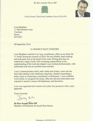 Rt Hon Jeremey Hunt MP - Letter of Reference