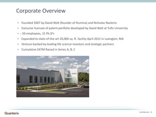 Confidential | 1
Corporate Overview
• Founded 2007 by David Walt (founder of Illumina) and Nicholas Naclerio
• Exclusive licensee of patent portfolio developed by David Walt at Tufts University
• ̴ 50 employees, 15 Ph.D’s
• Expanded to state-of-the-art 20,000 sq. ft. facility April 2012 in Lexington, MA
• Venture-backed by leading life science investors and strategic partners
• Cumulative $47M Raised in Series A, B, C
 