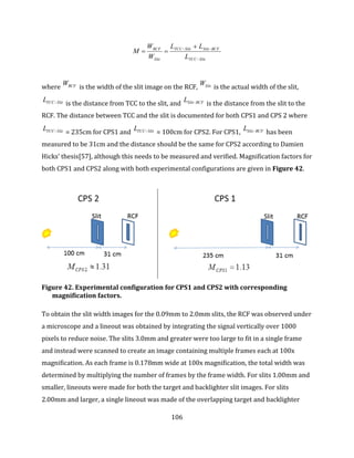 106
SlitTCC
RCFSlitSlitTCC
Slit
RCF
L
LL
W
W
M

 

where RCFW is the width of the slit image on the RCF, SlitW is the actual width of the slit,
SlitTCCL  is the distance from TCC to the slit, and RCFSlitL  is the distance from the slit to the
RCF. The distance between TCC and the slit is documented for both CPS1 and CPS 2 where
SlitTCCL  = 235cm for CPS1 and SlitTCCL  = 100cm for CPS2. For CPS1, RCFSlitL  has been
measured to be 31cm and the distance should be the same for CPS2 according to Damien
Hicks’ thesis[57], although this needs to be measured and verified. Magnification factors for
both CPS1 and CPS2 along with both experimental configurations are given in Figure 42.
Figure 42. Experimental configuration for CPS1 and CPS2 with corresponding
magnification factors.
To obtain the slit width images for the 0.09mm to 2.0mm slits, the RCF was observed under
a microscope and a lineout was obtained by integrating the signal vertically over 1000
pixels to reduce noise. The slits 3.0mm and greater were too large to fit in a single frame
and instead were scanned to create an image containing multiple frames each at 100x
magnification. As each frame is 0.178mm wide at 100x magnification, the total width was
determined by multiplying the number of frames by the frame width. For slits 1.00mm and
smaller, lineouts were made for both the target and backlighter slit images. For slits
2.00mm and larger, a single lineout was made of the overlapping target and backlighter
 