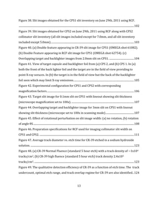 13
Figure 38. Slit images obtained for the CPS1 slit inventory on June 29th, 2011 using RCF.
.................................................................................................................................................................................102
Figure 39. Slit images obtained for CPS2 on June 29th, 2011 using RCF along with CPS2
collimator slit inventory (all slit images included except for 7.0mm, and all slit inventory
included except 5.0mm)................................................................................................................................103
Figure 40. (a) Double feature appearing in CR-39 slit image for CPS1 (OMEGA shot 61082).
(b) Double Feature appearing in RCF slit image for CPS1 (OMEGA shot 62754). (c)
Overlapping target and backlighter images from 2.0mm slit on CPS1. ......................................104
Figure 41. View of target capsule and backlighter foil from (a) CPS 2, and (b) CPS 1. In (a)
both the front of the back lighter foil and the target are in the field of view providing to
point X-ray soruces. In (b) the target is in the field of view but the back of the backlighter
foil seen which may limit X-ray emissions.............................................................................................105
Figure 42. Experimental configuration for CPS1 and CPS2 with corresponding
magnification factors......................................................................................................................................106
Figure 43. Target slit image for 0.1mm slit on CPS1 with lineout showing slit thickness
(microscope magnification set to 100x). ................................................................................................107
Figure 44. Overlapping target and backlighter image for 3mm slit on CPS1 with lineout
showing slit thickness (microscope set to 100x in scanning mode)............................................107
Figure 45. Effect of rotational perturbation on slit image width: (a) no rotation, (b) rotation
of angle θS...........................................................................................................................................................108
Figure 46. Preparation specifications for RCF used for imaging collimator slit width on
CPS1 and CPS2. .................................................................................................................................................111
Figure 47. Average track diameter vs. etch time for CR-39 etched in a sodium hydroxide
solution. ...............................................................................................................................................................123
Figure 48. (a) CR-39 Normal Fluence (standard 5 hour etch) with a track density of ~1x104
tracks/cm2, (b) CR-39 high fluence (standard 5 hour etch) track density 2.4x105
tracks/cm2. .........................................................................................................................................................123
Figure 49. The qualitative detection efficiency of CR-39 as a function of etch time. The track
undercount, optimal etch range, and track overlap regime for CR-39 are also identified..124
 