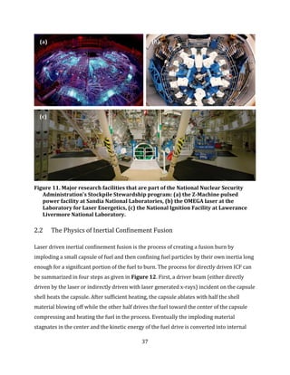 37
Figure 11. Major research facilities that are part of the National Nuclear Security
Administration's Stockpile Stewardship program: (a) the Z-Machine pulsed
power facility at Sandia National Laboratories, (b) the OMEGA laser at the
Laboratory for Laser Energetics, (c) the National Ignition Facility at Lawerance
Livermore National Laboratory.
2.2 The Physics of Inertial Confinement Fusion
Laser driven inertial confinement fusion is the process of creating a fusion burn by
imploding a small capsule of fuel and then confining fuel particles by their own inertia long
enough for a significant portion of the fuel to burn. The process for directly driven ICF can
be summarized in four steps as given in Figure 12. First, a driver beam (either directly
driven by the laser or indirectly driven with laser generated x-rays) incident on the capsule
shell heats the capsule. After sufficient heating, the capsule ablates with half the shell
material blowing off while the other half drives the fuel toward the center of the capsule
compressing and heating the fuel in the process. Eventually the imploding material
stagnates in the center and the kinetic energy of the fuel drive is converted into internal
(a) (b)
(c)
 