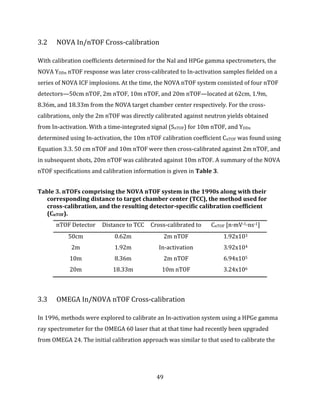 49
3.2 NOVA In/nTOF Cross-calibration
With calibration coefficients determined for the NaI and HPGe gamma spectrometers, the
NOVA YDDn nTOF response was later cross-calibrated to In-activation samples fielded on a
series of NOVA ICF implosions. At the time, the NOVA nTOF system consisted of four nTOF
detectors—50cm nTOF, 2m nTOF, 10m nTOF, and 20m nTOF—located at 62cm, 1.9m,
8.36m, and 18.33m from the NOVA target chamber center respectively. For the cross-
calibrations, only the 2m nTOF was directly calibrated against neutron yields obtained
from In-activation. With a time-integrated signal (SnTOF) for 10m nTOF, and YDDn
determined using In-activation, the 10m nTOF calibration coefficient CnTOF was found using
Equation 3.3. 50 cm nTOF and 10m nTOF were then cross-calibrated against 2m nTOF, and
in subsequent shots, 20m nTOF was calibrated against 10m nTOF. A summary of the NOVA
nTOF specifications and calibration information is given in Table 3.
Table 3. nTOFs comprising the NOVA nTOF system in the 1990s along with their
corresponding distance to target chamber center (TCC), the method used for
cross-calibration, and the resulting detector-specific calibration coefficient
(CnTOF).
nTOF Detector Distance to TCC Cross-calibrated to CnTOF [n·mV-1·ns-1]
50cm 0.62m 2m nTOF 1.92x103
2m 1.92m In-activation 3.92x104
10m 8.36m 2m nTOF 6.94x105
20m 18.33m 10m nTOF 3.24x106
3.3 OMEGA In/NOVA nTOF Cross-calibration
In 1996, methods were explored to calibrate an In-activation system using a HPGe gamma
ray spectrometer for the OMEGA 60 laser that at that time had recently been upgraded
from OMEGA 24. The initial calibration approach was similar to that used to calibrate the
 