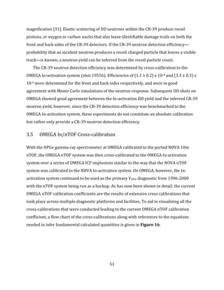 51
magnification [31]. Elastic scattering of DD neutrons within the CR-39 produce recoil
protons, or oxygen or carbon nuclei that also leave identifiable damage trails on both the
front and back sides of the CR-39 detectors. If the CR-39 neutron detection efficiency—
probability that an incident neutron produces a recoil charged particle that leaves a visible
track—is known, a neutron yield can be inferred from the recoil particle count.
The CR-39 neutron detection efficiency was determined by cross-calibration to the
OMEGA In-activation system (shot 19556). Efficiencies of (1.1 ± 0.2) x 10-4 and (3.3 ± 0.3) x
10-4 were determined for the front and back sides respectively, and were in good
agreement with Monte Carlo simulations of the neutron response. Subsequent DD shots on
OMEGA showed good agreement between the In-activation DD yield and the inferred CR-39
neutron yield, however, since the CR-39 detection efficiency was benchmarked to the
OMEGA In-activation system, these experiments do not constitute an absolute calibration
but rather only provide a CR-39 neutron detection efficiency.
3.5 OMEGA In/nTOF Cross-calibration
With the HPGe gamma ray spectrometer at OMEGA calibrated to the ported NOVA 10m
nTOF, the OMEGA nTOF system was then cross-calibrated to the OMEGA In-activation
system over a series of OMEGA ICF implosions similar to the way that the NOVA nTOF
system was calibrated to the NOVA In-activation system. On OMEGA, however, the In-
activation system continued to be used as the primary YDDn diagnostic from 1996-2000
with the nTOF system being run as a backup. As has now been shown in detail, the current
OMEGA nTOF calibration coefficients are the results of extensive cross calibrations that
took place across multiple diagnostic platforms and facilities. To aid in visualizing all the
cross-calibrations that were conducted leading to the current OMEGA nTOF calibration
coefficient, a flow chart of the cross-calibrations along with references to the equations
needed to infer fundamental calculated quantities is given in Figure 16.
 
