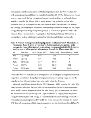 58
primary ions were the same except for the fusion products from the D3He reaction. For
both campaigns a 25μm Al filter was placed in front of the CR-39. The thickness was chosen
so as to range out all the low energy ions from the capsule and fuel as well as all charge
particles except for the DD and D3He protons. An overview of the charged particles
generated from the primary fusion reactions from DD and D3He along with the particle
birth energy, particle range in aluminum corresponding to the birth energy, and the ranged
energy of the particle after passing through 25μm of aluminum, is given in Table 4. The
values in Table 4 assume that no ranging other than the 25μm Al range filter occurs. In
practice there is often additional ranging of particles through the fuel and capsule.
Table 4. Primary fusion product charged particles incident on CR-39 RF modules in
Campaigns A and B. Given are the source fusion reactions, the particle birth
energy, the range of the particle in aluminum corresponding to the birth energy,
and the energy of the particle after passing through the 25 μm range filter.
Ion Reaction Birth Energy (MeV) Range (um) Ranged Energy (MeV)
3He D(D,3He)n 0.82 2.70 0
Triton D(D,T)p 1.01 9.82 0
Alpha D(3He,α)p 3.67 14.10 0
Proton D(D,T)p 3.02 81.47 2.42
Proton D(3He,α)p 14.68 1222 14.50
From Table 4 we see that only DD an D3He protons are able to pass through the aluminum
range filter and all other charged particle species are stopped. energy range and are the
only charged particle species that leave observable pits in the detector.
Although only DDp are detected in the CR-39, to ensure 100% counting the entire DDp
spectrum must fall within the detectable energy range of the CR-39. In addition to range
filters which cause an energy downshift, the areal density (ρR) of the capsule and fuel in
ICF implosions can also potentially have a significant effect of ranging down the proton
energy from the original birth energy. In some studies the measured energy downshift of
primary fusion reaction protons (DDp and D3He-p) has been used to estimate the fuel ρR
[39]. If the ρR energy downshift is large enough there is a risk that the combined 25μm Al
 