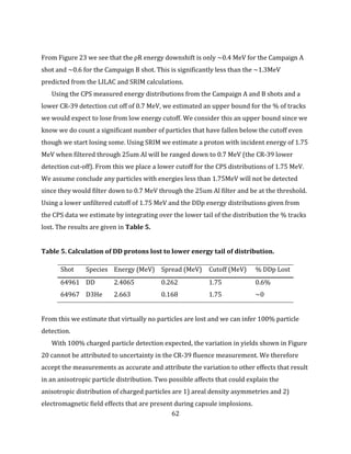 62
From Figure 23 we see that the ρR energy downshift is only ~0.4 MeV for the Campaign A
shot and ~0.6 for the Campaign B shot. This is significantly less than the ~1.3MeV
predicted from the LILAC and SRIM calculations.
Using the CPS measured energy distributions from the Campaign A and B shots and a
lower CR-39 detection cut off of 0.7 MeV, we estimated an upper bound for the % of tracks
we would expect to lose from low energy cutoff. We consider this an upper bound since we
know we do count a significant number of particles that have fallen below the cutoff even
though we start losing some. Using SRIM we estimate a proton with incident energy of 1.75
MeV when filtered through 25um Al will be ranged down to 0.7 MeV (the CR-39 lower
detection cut-off). From this we place a lower cutoff for the CPS distributions of 1.75 MeV.
We assume conclude any particles with energies less than 1.75MeV will not be detected
since they would filter down to 0.7 MeV through the 25um Al filter and be at the threshold.
Using a lower unfiltered cutoff of 1.75 MeV and the DDp energy distributions given from
the CPS data we estimate by integrating over the lower tail of the distribution the % tracks
lost. The results are given in Table 5.
Table 5. Calculation of DD protons lost to lower energy tail of distribution.
Shot Species Energy (MeV) Spread (MeV) Cutoff (MeV) % DDp Lost
64961 DD 2.4065 0.262 1.75 0.6%
64967 D3He 2.663 0.168 1.75 ~0
From this we estimate that virtually no particles are lost and we can infer 100% particle
detection.
With 100% charged particle detection expected, the variation in yields shown in Figure
20 cannot be attributed to uncertainty in the CR-39 fluence measurement. We therefore
accept the measurements as accurate and attribute the variation to other effects that result
in an anisotropic particle distribution. Two possible affects that could explain the
anisotropic distribution of charged particles are 1) areal density asymmetries and 2)
electromagnetic field effects that are present during capsule implosions.
 