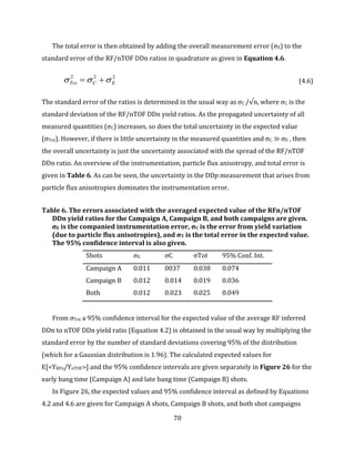 70
The total error is then obtained by adding the overall measurement error (σE) to the
standard error of the RF/nTOF DDn ratios in quadrature as given in Equation 4.6.
222
ECTot   (4.6)
The standard error of the ratios is determined in the usual way as σC /√n, where σC is the
standard deviation of the RF/nTOF DDn yield ratios. As the propagated uncertainty of all
measured quantities (σC) increases, so does the total uncertainty in the expected value
(σTot). However, if there is little uncertainty in the measured quantities and σC ≫ σE , then
the overall uncertainty is just the uncertainty associated with the spread of the RF/nTOF
DDn ratio. An overview of the instrumentation, particle flux anisotropy, and total error is
given in Table 6. As can be seen, the uncertainty in the DDp measurement that arises from
particle flux anisotropies dominates the instrumentation error.
Table 6. The errors associated with the averaged expected value of the RFn/nTOF
DDn yield ratios for the Campaign A, Campaign B, and both campaigns are given.
σE is the companied instrumentation error, σC is the error from yield variation
(due to particle flux anisotropies), and σT is the total error in the expected value.
The 95% confidence interval is also given.
Shots σE σC σTot 95% Conf. Int.
Campaign A 0.011 0037 0.038 0.074
Campaign B 0.012 0.014 0.019 0.036
Both 0.012 0.023 0.025 0.049
From σTot a 95% confidence interval for the expected value of the average RF inferred
DDn to nTOF DDn yield ratio (Equation 4.2) is obtained in the usual way by multiplying the
standard error by the number of standard deviations covering 95% of the distribution
(which for a Gaussian distribution is 1.96). The calculated expected values for
E[<YRFn/YnTOF>] and the 95% confidence intervals are given separately in Figure 26 for the
early bang time (Campaign A) and late bang time (Campaign B) shots.
In Figure 26, the expected values and 95% confidence interval as defined by Equations
4.2 and 4.6 are given for Campaign A shots, Campaign B shots, and both shot campaigns
 