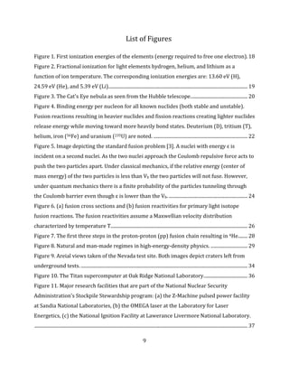 9
List of Figures
Figure 1. First ionization energies of the elements (energy required to free one electron).18
Figure 2. Fractional ionization for light elements hydrogen, helium, and lithium as a
function of ion temperature. The corresponding ionization energies are: 13.60 eV (H),
24.59 eV (He), and 5.39 eV (Li)..................................................................................................................... 19
Figure 3. The Cat's Eye nebula as seen from the Hubble telescope................................................ 20
Figure 4. Binding energy per nucleon for all known nuclides (both stable and unstable).
Fusion reactions resulting in heavier nuclides and fission reactions creating lighter nuclides
release energy while moving toward more heavily bond states. Deuterium (D), tritium (T),
helium, iron (56Fe) and uranium (235U) are noted. ............................................................................... 22
Figure 5. Image depicting the standard fusion problem [3]. A nuclei with energy ε is
incident on a second nuclei. As the two nuclei approach the Coulomb repulsive force acts to
push the two particles apart. Under classical mechanics, if the relative energy (center of
mass energy) of the two particles is less than Vb the two particles will not fuse. However,
under quantum mechanics there is a finite probability of the particles tunneling through
the Coulomb barrier even though ε is lower than the Vb. .................................................................. 24
Figure 6. (a) fusion cross sections and (b) fusion reactivities for primary light isotope
fusion reactions. The fusion reactivities assume a Maxwellian velocity distribution
characterized by temperature T................................................................................................................... 26
Figure 7. The first three steps in the proton-proton (pp) fusion chain resulting in 4He........ 28
Figure 8. Natural and man-made regimes in high-energy-density physics. ............................... 29
Figure 9. Areial views taken of the Nevada test site. Both images depict craters left from
underground tests. ............................................................................................................................................ 34
Figure 10. The Titan supercomputer at Oak Ridge National Laboratory..................................... 36
Figure 11. Major research facilities that are part of the National Nuclear Security
Administration's Stockpile Stewardship program: (a) the Z-Machine pulsed power facility
at Sandia National Laboratories, (b) the OMEGA laser at the Laboratory for Laser
Energetics, (c) the National Ignition Facility at Lawerance Livermore National Laboratory.
................................................................................................................................................................................... 37
 