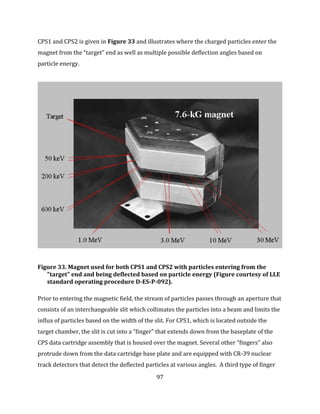 97
CPS1 and CPS2 is given in Figure 33 and illustrates where the charged particles enter the
magnet from the “target” end as well as multiple possible deflection angles based on
particle energy.
Figure 33. Magnet used for both CPS1 and CPS2 with particles entering from the
"target" end and being deflected based on particle energy (Figure courtesy of LLE
standard operating procedure D-ES-P-092).
Prior to entering the magnetic field, the stream of particles passes through an aperture that
consists of an interchangeable slit which collimates the particles into a beam and limits the
influx of particles based on the width of the slit. For CPS1, which is located outside the
target chamber, the slit is cut into a “finger” that extends down from the baseplate of the
CPS data cartridge assembly that is housed over the magnet. Several other “fingers” also
protrude down from the data cartridge base plate and are equipped with CR-39 nuclear
track detectors that detect the deflected particles at various angles. A third type of finger
 