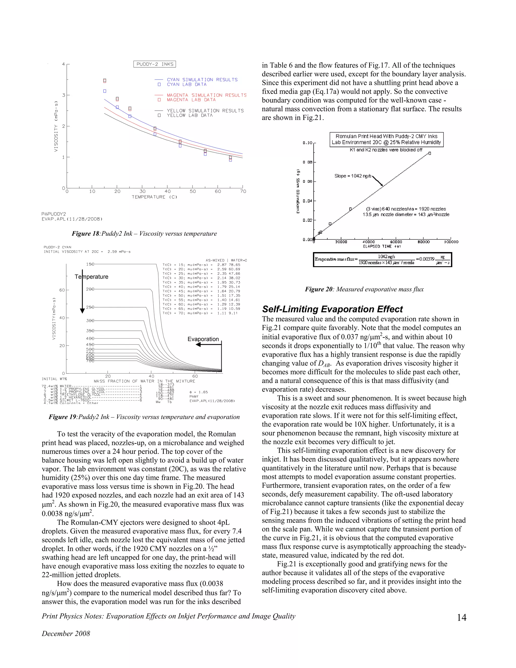 Print Physics Notes: Evaporation Effects on Inkjet Performance and Image Quality
December 2008
14
Figure 18:Puddy2 Ink – Viscosity versus temperature
Figure 19:Puddy2 Ink – Viscosity versus temperature and evaporation
To test the veracity of the evaporation model, the Romulan
print head was placed, nozzles-up, on a microbalance and weighed
numerous times over a 24 hour period. The top cover of the
balance housing was left open slightly to avoid a build up of water
vapor. The lab environment was constant (20C), as was the relative
humidity (25%) over this one day time frame. The measured
evaporative mass loss versus time is shown in Fig.20. The head
had 1920 exposed nozzles, and each nozzle had an exit area of 143
m2
. As shown in Fig.20, the measured evaporative mass flux was
0.0038 ng/s/m2
.
The Romulan-CMY ejectors were designed to shoot 4pL
droplets. Given the measured evaporative mass flux, for every 7.4
seconds left idle, each nozzle lost the equivalent mass of one jetted
droplet. In other words, if the 1920 CMY nozzles on a ½”
swathing head are left uncapped for one day, the print-head will
have enough evaporative mass loss exiting the nozzles to equate to
22-million jetted droplets.
How does the measured evaporative mass flux (0.0038
ng/s/m2
) compare to the numerical model described thus far? To
answer this, the evaporation model was run for the inks described
in Table 6 and the flow features of Fig.17. All of the techniques
described earlier were used, except for the boundary layer analysis.
Since this experiment did not have a shuttling print head above a
fixed media gap (Eq.17a) would not apply. So the convective
boundary condition was computed for the well-known case -
natural mass convection from a stationary flat surface. The results
are shown in Fig.21.
Figure 20: Measured evaporative mass flux
Self-Limiting Evaporation Effect
The measured value and the computed evaporation rate shown in
Fig.21 compare quite favorably. Note that the model computes an
initial evaporative flux of 0.037 ng/m2
-s, and within about 10
seconds it drops exponentially to 1/10th
that value. The reason why
evaporative flux has a highly transient response is due the rapidly
changing value of DAB. As evaporation drives viscosity higher it
becomes more difficult for the molecules to slide past each other,
and a natural consequence of this is that mass diffusivity (and
evaporation rate) decreases.
This is a sweet and sour phenomenon. It is sweet because high
viscosity at the nozzle exit reduces mass diffusivity and
evaporation rate slows. If it were not for this self-limiting effect,
the evaporation rate would be 10X higher. Unfortunately, it is a
sour phenomenon because the remnant, high viscosity mixture at
the nozzle exit becomes very difficult to jet.
This self-limiting evaporation effect is a new discovery for
inkjet. It has been discussed qualitatively, but it appears nowhere
quantitatively in the literature until now. Perhaps that is because
most attempts to model evaporation assume constant properties.
Furthermore, transient evaporation rates, on the order of a few
seconds, defy measurement capability. The oft-used laboratory
microbalance cannot capture transients (like the exponential decay
of Fig.21) because it takes a few seconds just to stabilize the
sensing means from the induced vibrations of setting the print head
on the scale pan. While we cannot capture the transient portion of
the curve in Fig.21, it is obvious that the computed evaporative
mass flux response curve is asymptotically approaching the steady-
state, measured value, indicated by the red dot.
Fig.21 is exceptionally good and gratifying news for the
author because it validates all of the steps of the evaporative
modeling process described so far, and it provides insight into the
self-limiting evaporation discovery cited above.
Evaporation
Temperature
 