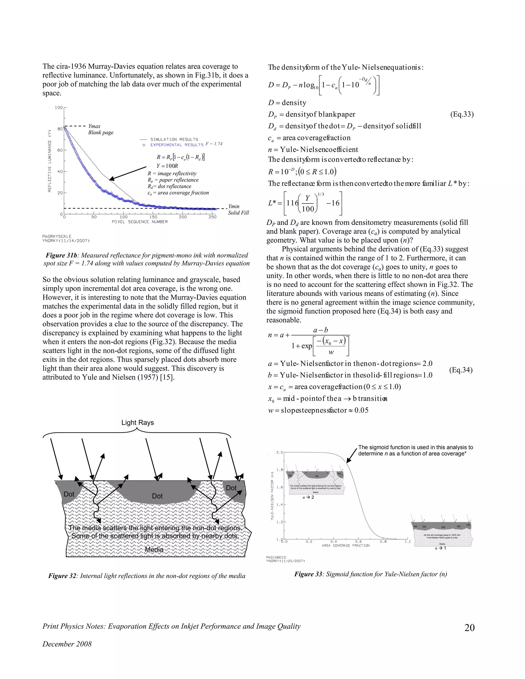 Print Physics Notes: Evaporation Effects on Inkjet Performance and Image Quality
December 2008
20
The cira-1936 Murray-Davies equation relates area coverage to
reflective luminance. Unfortunately, as shown in Fig.31b, it does a
poor job of matching the lab data over much of the experimental
space.
Figure 31b: Measured reflectance for pigment-mono ink with normalized
spot size F = 1.74 along with values computed by Murray-Davies equation
So the obvious solution relating luminance and grayscale, based
simply upon incremental dot area coverage, is the wrong one.
However, it is interesting to note that the Murray-Davies equation
matches the experimental data in the solidly filled region, but it
does a poor job in the regime where dot coverage is low. This
observation provides a clue to the source of the discrepancy. The
discrepancy is explained by examining what happens to the light
when it enters the non-dot regions (Fig.32). Because the media
scatters light in the non-dot regions, some of the diffused light
exits in the dot regions. Thus sparsely placed dots absorb more
light than their area alone would suggest. This discovery is
attributed to Yule and Nielsen (1957) [15].
Figure 32: Internal light reflections in the non-dot regions of the media
tcoefficienNielsen-Yule
fractioncoveragearea
fillsolidofdensitydottheofdensity
paperblankofdensity
density
1011log
:isequationNielsen-YuletheofformdensityThe
10



















n
c
DD
D
D
cnDD
a
Pd
P
n
dD
aP
(Eq.33)
 















 
16
100
116*
:by*familiarmorethetoconvertedthenisformereflectancThe
0.10;10
:byereflectanctoconvertedisformdensityThe
3/1
Y
L
L
RR D
DP and Dd are known from densitometry measurements (solid fill
and blank paper). Coverage area (ca) is computed by analytical
geometry. What value is to be placed upon (n)?
Physical arguments behind the derivation of (Eq.33) suggest
that n is contained within the range of 1 to 2. Furthermore, it can
be shown that as the dot coverage (ca) goes to unity, n goes to
unity. In other words, when there is little to no non-dot area there
is no need to account for the scattering effect shown in Fig.32. The
literature abounds with various means of estimating (n). Since
there is no general agreement within the image science community,
the sigmoid function proposed here (Eq.34) is both easy and
reasonable.
 
0.05factorsteepnessslope
ntransitiobatheofpoint-mid
)0.10(fractioncoveragearea
1.0regionsfill-solidin thefactorNielsen-Yule
2.0regionsdot-nonin thefactorNielsen-Yule
exp1
0
0










 



w
x
xcx
b
a
w
xx
ba
an
a
(Eq.34)
Figure 33: Sigmoid function for Yule-Nielsen factor (n)
  
RY
RcRR daP
100
11


R = image reflectivity
Rp = paper reflectance
Rd= dot reflectance
ca = area coverage fraction
Ymax
Blank page
Ymin
Solid Fill
F = 1.74
DotDot
Dot
Media
Light Rays
The media scatters the light entering the non-dot regions.
Some of the scattered light is absorbed by nearby dots.
The sigmoid function is used in this analysis to
determine n as a function of area coverage*
n  2
n  1
 