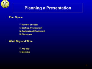11
Planning a Presentation
• Plan Space
 Number of Seats
 Seating Arrangement
 Audio/Visual Equipment
 Distracters
• W...