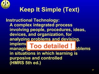 Keep It Simple (Text)
Instructional Technology:
A complex integrated process
involving people, procedures, ideas,
devices,...