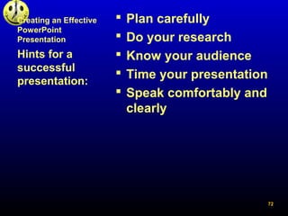  Plan carefully
 Do your research
 Know your audience
 Time your presentation
 Speak comfortably and
clearly
Hints fo...