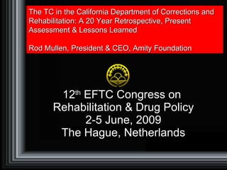 12 th  EFTC Congress on  Rehabilitation & Drug Policy 2-5 June, 2009 The Hague, Netherlands The TC in the California Department of Corrections and Rehabilitation: A 20 Year Retrospective, Present Assessment & Lessons Learned Rod Mullen, President & CEO, Amity Foundation 