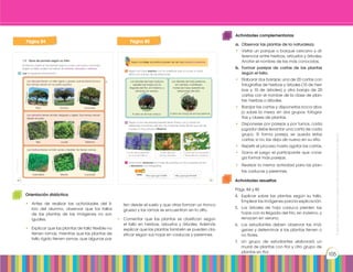 Prohibidasureproducciónporcualquiermediosinpermisoexplícitodelaeditorial.
105
Actividades resueltas
Págs. 84 y 85
4.	 Explicar sobre las plantas según su tallo.
Emplear las imágenes para la explicación.
5.	 Los árboles de hoja caduca pierden las
hojas con la llegada del frío, en invierno, y
renacen en verano.
6.	 Los estudiantes deben observar las imá-
genes y determinar si las plantas tienen o
no flores.
7.	 Un grupo de estudiantes elaborará un
mural de plantas con flor y otro grupo de
plantas sin flor.
Orientación didáctica
•	 Antes de realizar las actividades del li-
bro del alumno, observar que los tallos
de las plantas de las imágenes no son
iguales.
•	 Explicar que las plantas de tallo flexible no
tienen ramas, mientras que las plantas de
tallo rígido tienen ramas, que algunas par
Actividades complementarias
a.	 Observar las plantas de la naturaleza.
•	 Visitar un parque o bosque cercano y di-
ferenciar entre hierbas, arbustos y árboles.
Anotar el nombre de las más conocidas.
b.	 Formar parejas de cartas de las plantas
según el tallo.
•	 Elaborar dos barajas: una de 20 cartas con
fotografías de hierbas y árboles (10 de hier-
bas y 10 de árboles) y otra baraja de 20
cartas con el nombre de la clase de plan-
tas: hierbas o árboles.
•	 Barajar las cartas y disponerlas boca aba-
jo sobre la mesa, en dos grupos: fotogra-
fías y clases de plantas.
•	 Disponerse por parejas y por turnos, cada
jugador debe levantar una carta de cada
grupo. Si forma pareja, se queda estas
cartas; si no, las deja de nuevo en su sitio.
•	 Repetir el proceso hasta agotar las cartas.
•	 Gana el juego el participante que consi-
ga formar más parejas.
•	 Realizar la misma actividad para las plan-
tas caducas y perennes.
	 ten desde el suelo y que otras forman un tronco
grueso y las ramas se encuentran en lo alto.
•	 Comentar que las plantas se clasifican según
el tallo en hierbas, arbustos y árboles. Además
explicar que las plantas también se pueden cla-
sificar según sus hojas en caducas y perennes.
Página 84 Página 85
 