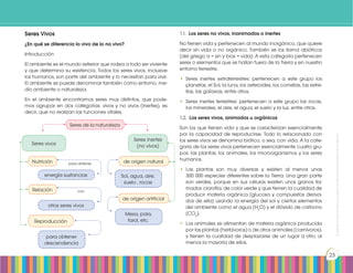 Prohibidasureproducciónporcualquiermediosinpermisoexplícitodelaeditorial.
23
Seres Vivos
¿En qué se diferencia lo vivo de lo no vivo?
Introducción
El ambiente es el mundo exterior que rodea a todo ser viviente
y que determina su existencia. Todos los seres vivos, inclusive
los humanos, son parte del ambiente y lo necesitan para vivir.
El ambiente se puede denominar también como entorno, me-
dio ambiente o naturaleza.
En el ambiente encontramos seres muy distintos, que pode-
mos agrupar en dos categorías: vivos y no vivos (inertes), es
decir, que no realizan las funciones vitales.
1.1. Los seres no vivos, inanimados o inertes
No tienen vida y pertenecen al mundo inorgánico, que quiere
decir sin vida o no orgánico. También se los llama abióticos
(del griego a = sin y bios = vida). A esta categoría pertenecen
seres o elementos que se hallan fuera de la Tierra y en nuestro
entorno terrestre.
•	 Seres inertes extraterrestres: pertenecen a este grupo los
planetas, el Sol, la luna, los asteroides, los cometas, las estre-
llas, las galaxias, entre otros.
•	 Seres inertes terrestres: pertenecen a este grupo las rocas,
los minerales, el aire, el agua, el suelo y la luz, entre otros.
1.2. Los seres vivos, animados u orgánicos
Son los que tienen vida y que se caracterizan esencialmente
por la capacidad de reproducirse. Todo lo relacionado con
los seres vivos se denomina biótico, o sea, con vida. A la cate-
goría de los seres vivos pertenecen esencialmente cuatro gru-
pos: las plantas, los animales, los microorganismos y los seres
humanos.
•	 Las plantas son muy diversas y existen al menos unas
300 000 especies diferentes sobre la Tierra. Una gran parte
son verdes, porque en sus células existen unos granos lla-
mados clorofila, de color verde y que tienen la cualidad de
producir materia orgánica (glucosa y compuestos deriva-
dos de ella) usando la energía del sol y ciertos elementos
del ambiente como el agua (H2
O) y el dióxido de carbono
(CO2
).
•	 Los animales se alimentan de materia orgánica producida
por las plantas (herbívoros) o de otros animales (carnívoros),
y tienen la cualidad de desplazarse de un lugar a otro, al
menos la mayoría de ellos.
Seres de la naturaleza
Seres vivos
Nutrición de origen natural
de origen artificial
Relación
Reproducción
energía sustancias Sol, agua, aire,
suelo , rocas
Mesa, pala,
farol, etc.
otros seres vivos
para obtener
descendencia
Seres inertes
(no vivos)
para obtener
con
 