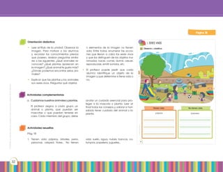 Prohibidasureproducciónporcualquiermediosinpermisoexplícitodelaeditorial.
32
Prohibidasureproducción
18
1. seres vivos
1 Observa y clasifica.
Tienen vida.
basureropájaros
No tienen vida.
Página 18
Orientación didáctica
•	 Leer el título de la unidad. Observar la
imagen. Para motivar a los alumnos
y recordar los conocimientos previos
que poseen, realizar preguntas simila-
res a las siguientes: ¿Qué animales re-
conoces? ¿Qué plantas aparecen en
la imagen? ¿Qué animal te gusta más?
¿Dónde podemos encontrar estos ani-
males?
•	 Explicar que las plantas y los animales
son seres vivos. Preguntar qué objetos
	 o elementos de la imagen no tienen
vida. Entre todos, enumerar las accio-
nes que llevan a cabo los seres vivos
y que los distinguen de los objetos ina-
nimados: nacer, comer, dormir, crecer,
reproducirse, emitir sonidos, etc.
•	 El profesor puede pedir que cada
alumno identifique un objeto de la
imagen y que determine si tiene vida o
no.
Actividades complementarias
a.	 Cuidamos nuestros animales y plantas.
	 El profesor asigna a cada grupo un
animal o planta, que puedan ser
mascotas o que puedan tenerse en
casa. Cada miembro del grupo, debe
	 anotar un cuidado esencial para pro-
teger a la mascota o planta. Leer al
final todos los consejos y valorar si han
sabido tener cuidado del animal o la
planta.
Actividades resueltas
Pág. 18
1.	Tienen vida: pájaros, árboles, perro,
personas, césped, flores… No tienen
	
	 vida: suelo, agua, nubes, bancos, co-
lumpios, papelera, juguetes…
 