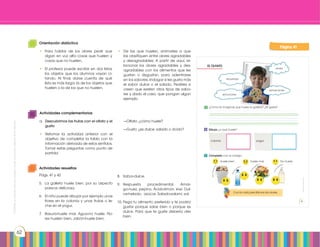 Prohibidasureproducciónporcualquiermediosinpermisoexplícitodelaeditorial.
62
Página 41
Actividades complementarias
a.	 Descubrimos las frutas con el olfato y el
gusto
•	 Retomar la actividad anterior con el
objetivo de completar la tabla con la
información derivada de estos sentidos.
Tomar estas preguntas como punto de
partida:
	
	 —Olfato: ¿cómo huele?
	 —Gusto: ¿es dulce, salado o ácido?
Actividades resueltas
Págs. 41 y 42
5.	 La galleta huele bien, por su aspecto
parece deliciosa.
6.	 El niño puede dibujar por ejemplo unas
flores en la colonia y unas frutas o le-
che en el yogur.
7.	 Basura-huele mal. Agua-no huele. Flo-
res huelen bien. Jabón-huele bien.
8.	Sabor-dulce.
9.	Respuesta procedimental. Amar-
go-nuez, pepino. Ácido-limón, kiwi. Dul-
ce-helado, azúcar. Salado-salami, sal.
10.	Pega tu alimento preferido y te podría
gustar porque sabe bien o porque es
dulce. Para que te guste debería oler
bien.
Orientación didáctica
•	 Para hablar de los olores pedir que
digan en voz alta cosas que huelen y
cosas que no huelen.
•	 El profesor puede escribir en dos listas
los objetos que los alumnos vayan ci-
tando. Al final, darse cuenta de qué
lista es más larga: la de los objetos que
huelen o la de los que no huelen.
•	 De las que huelen, animarles a que
las clasifiquen entre olores agradables
y desagradables. A partir de aquí, re-
lacionar los olores agradables y des-
agradables con los alimentos que les
gustan o disgustan, para adentrarse
en los sabores. Indagar si les gusta más
el sabor dulce o el salado. Pedirles si
creen que existen otros tipos de sabo-
res y dado el caso, que pongan algún
ejemplo.
 