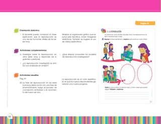 Prohibidasureproducciónporcualquiermediosinpermisoexplícitodelaeditorial.
66
Prohibidasureproducción
47
3. La reproducción
Las personas, como el resto de seres vivos, nos reproducimos; es
decir, tenemos hijos o hijas.
Repasa la línea del tiempo y explica qué ocurre en cada viñeta.
• Fíjate en que la línea no termina aquí. ¿Cómo crees que puede
seguir? Dibújalo y explícalo.
___________________________________________________________________________________
___________________________________________________________________________________
___________________________________________________________________________________
___________________________________________________________________________________
20
Página 47
Actividades complementarias
a.	Investigar sobre la reproducción en
otros seres vivos, y responder las si-
guientes cuestiones:
•	 ¿La reproducción investigada es simi-
lar a la analizada en el texto?
•	 ¿Qué etapas comparten los modelos
de reproducción investigados?
Actividades resueltas
Pág. 47
20.	La fase de reproducción en los seres
humanos debe iniciar con una fase de
enamoramiento, luego el proceso de
concepción, embarazo y el nacimien-
to del nuevo ser vivo.
	
	 La reproducción es un ciclo repetitivo,
en el que los nuevos descendientes ge-
nerarán una nueva progenie.
Orientación didáctica
•	 El docente puede comenzar la clase
explicando que la reproducción es
una de las funciones vitales de los se-
res vivos.
	
	 Realizar un organizador gráfico que re-
suma esta temática, incluir imágenes
didácticas. También se sugiere el uso
de videos explicativos.
 